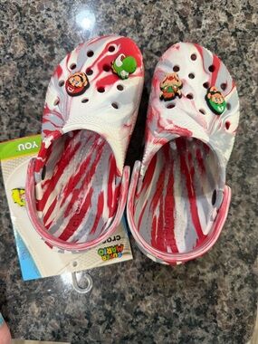 Red & White Marble Kids Clog Sandals with Super Mario Jibbitz